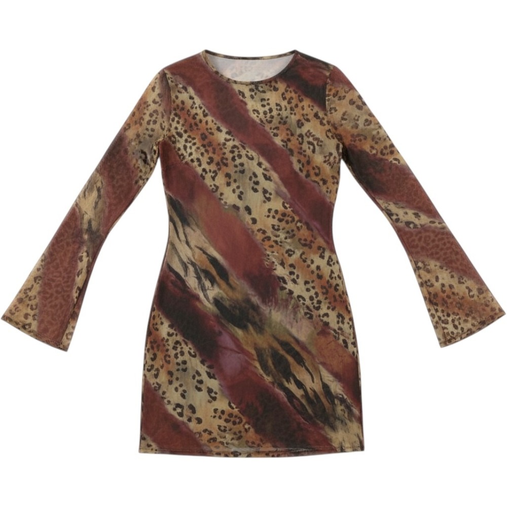 Nasty Gal Animal Print Mini Dress Brown Leopard Bell Sleeve Open Back Sheer US 6